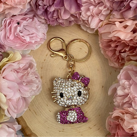 Hello Kitty with Deep Pink Crystal Dress & Bow Keychain Charm - Picture 4 of 11